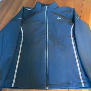 Men’s Lacoste Sport, black zip-up jacket with silver stripes in size XL